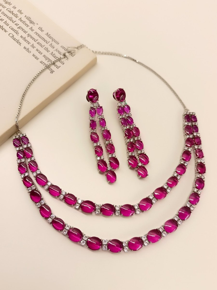 Pahaani Majenta Double Layered American Diamond Set - House of Sarvati LLC