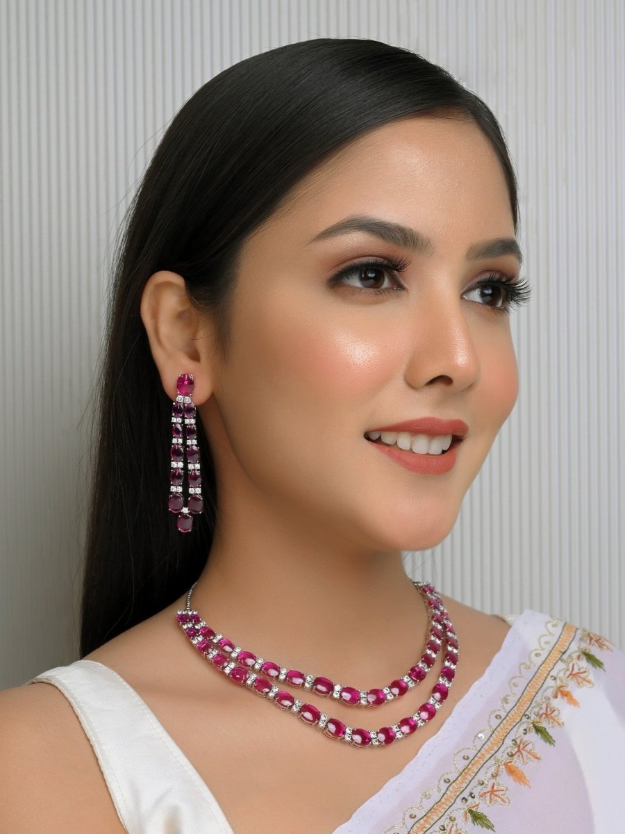 Pahaani Majenta Double Layered American Diamond Set - House of Sarvati LLC