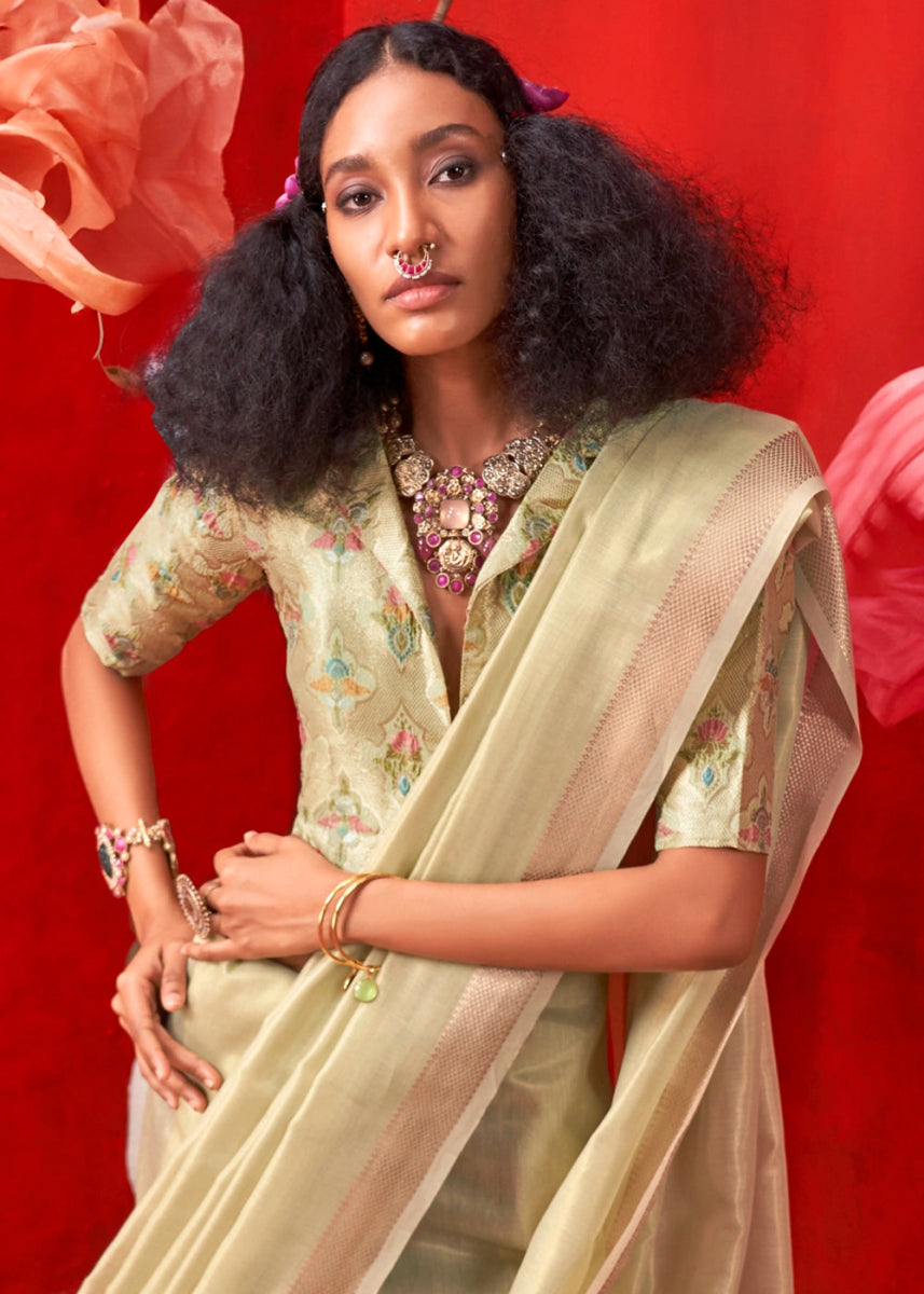 Pale Olive Green Tissue Silk Saree with Rich Zari Weave - House of Sarvati LLC