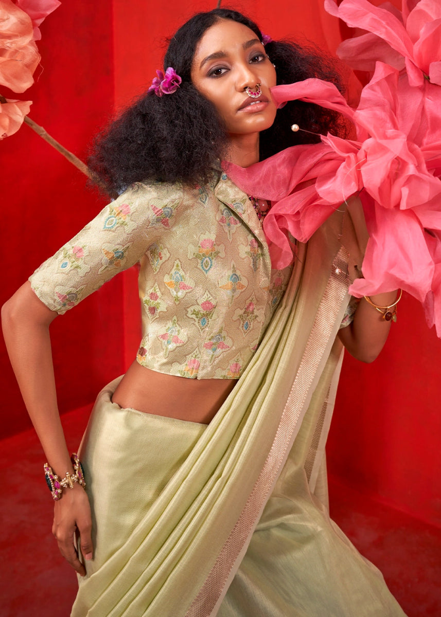 Pale Olive Green Tissue Silk Saree with Rich Zari Weave - House of Sarvati LLC
