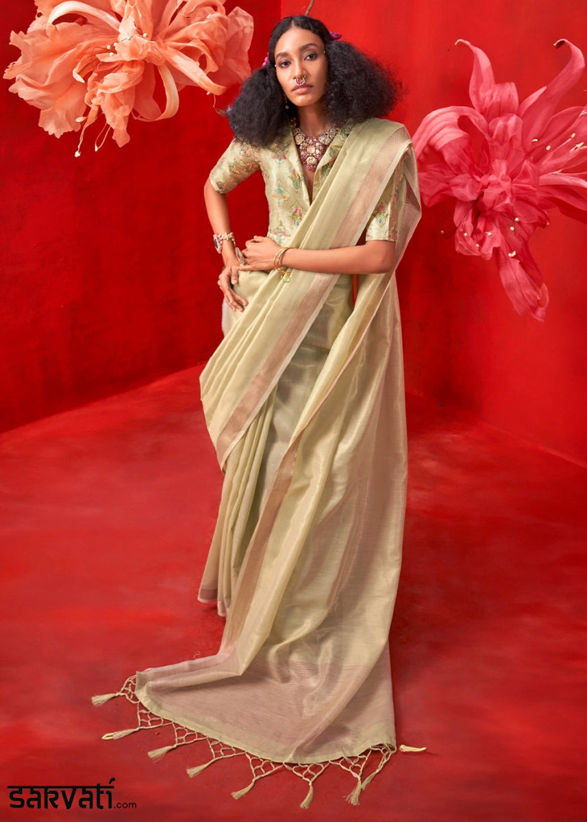 Pale Olive Green Tissue Silk Saree with Rich Zari Weave - House of Sarvati LLC