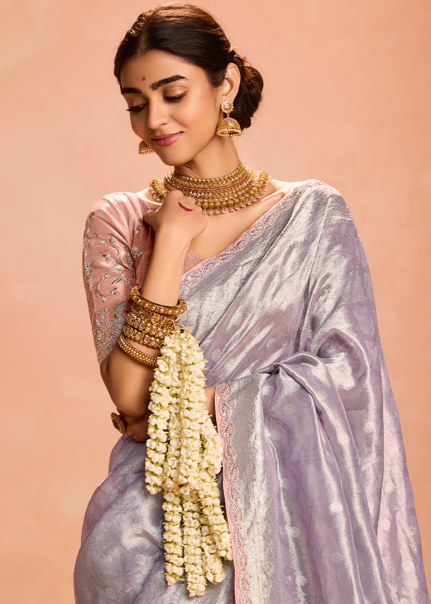 Pale Purple Designer Tissue Silk Saree with Zari & Embroidered Blouse - House of Sarvati LLC