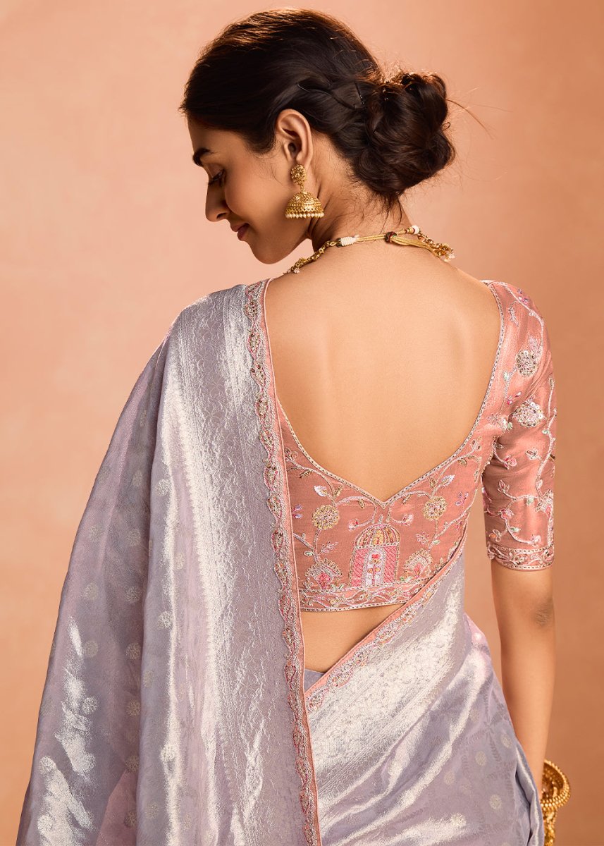Pale Purple Designer Tissue Silk Saree with Zari & Embroidered Blouse - House of Sarvati LLC