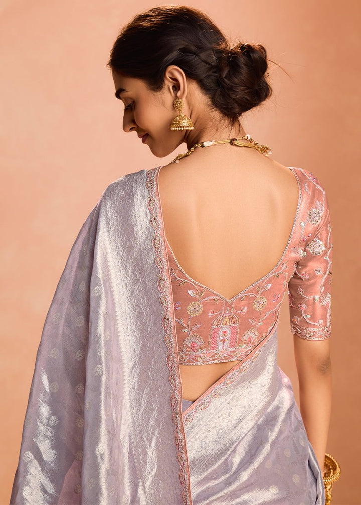 Pale Purple Designer Tissue Silk Saree with Zari & Embroidered Blouse - House of Sarvati LLC
