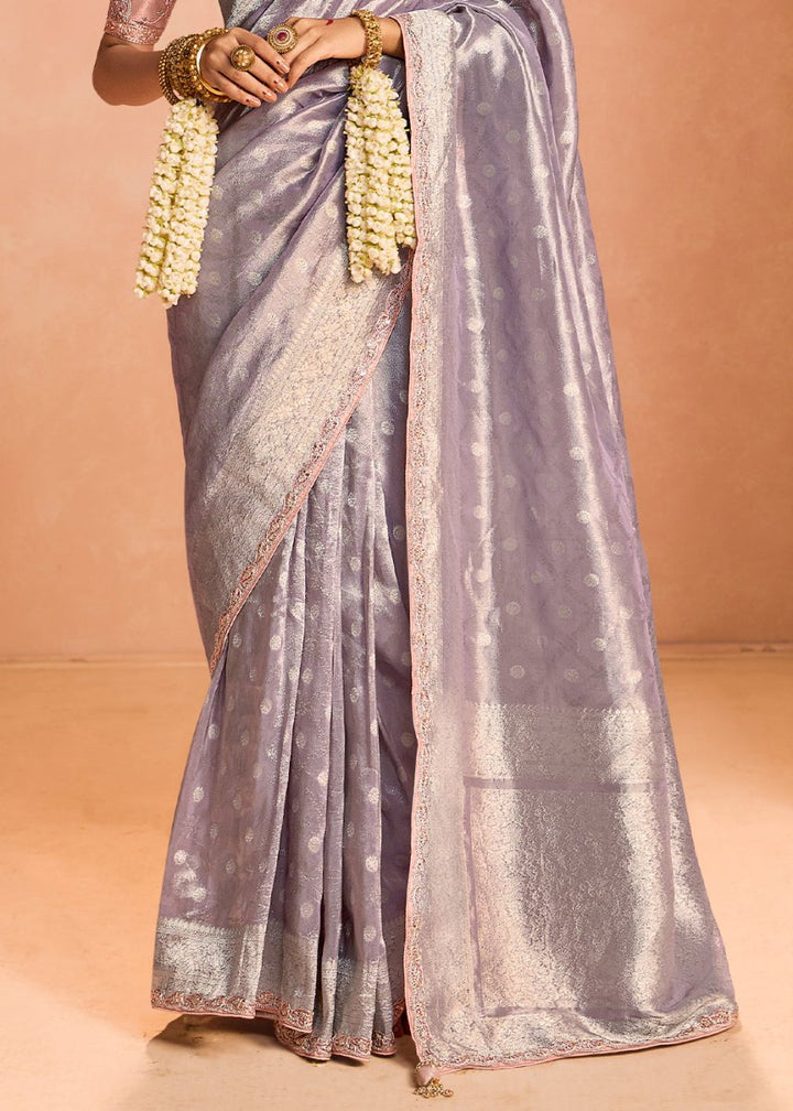 Pale Purple Designer Tissue Silk Saree with Zari & Embroidered Blouse - House of Sarvati LLC