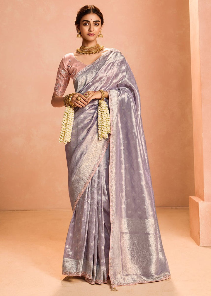 Pale Purple Designer Tissue Silk Saree with Zari & Embroidered Blouse - House of Sarvati LLC