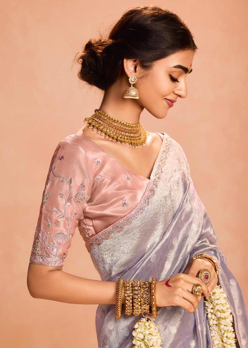 Pale Purple Designer Tissue Silk Saree with Zari & Embroidered Blouse - House of Sarvati LLC