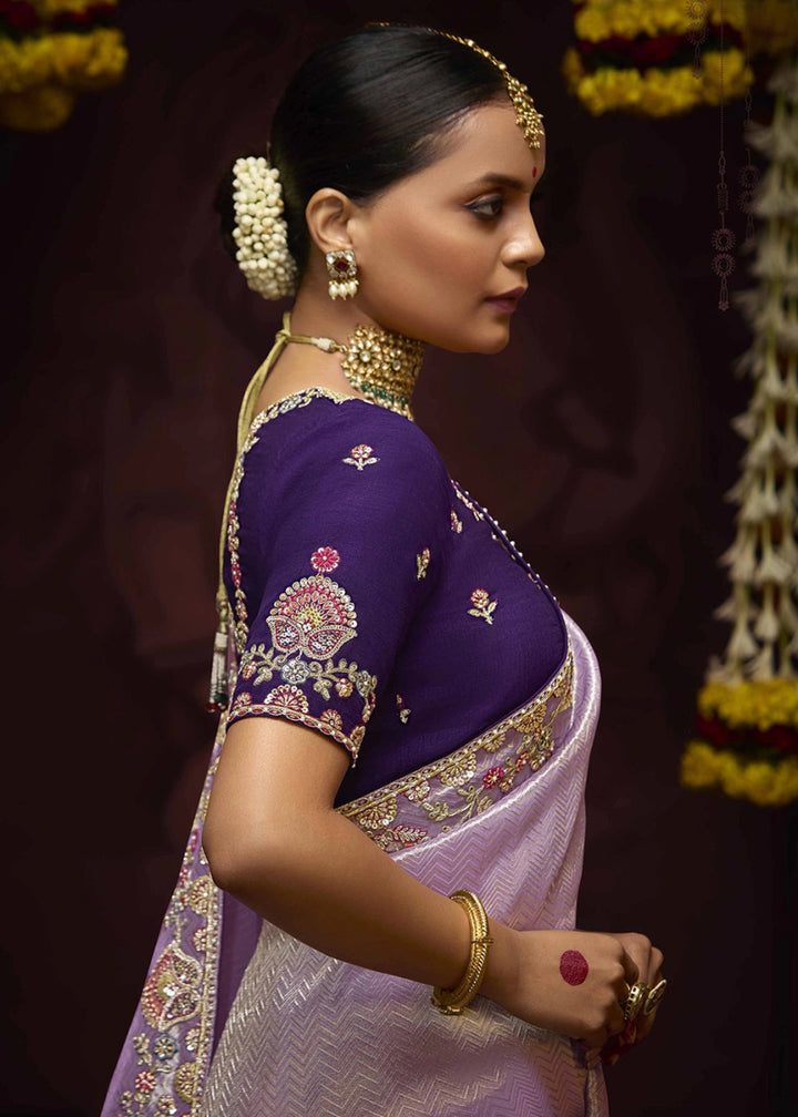 Pale Purple Kanjivaram Silk Saree with Intricate Zari, Khatli, Sequin & Pearl Embroidery - House of Sarvati LLC