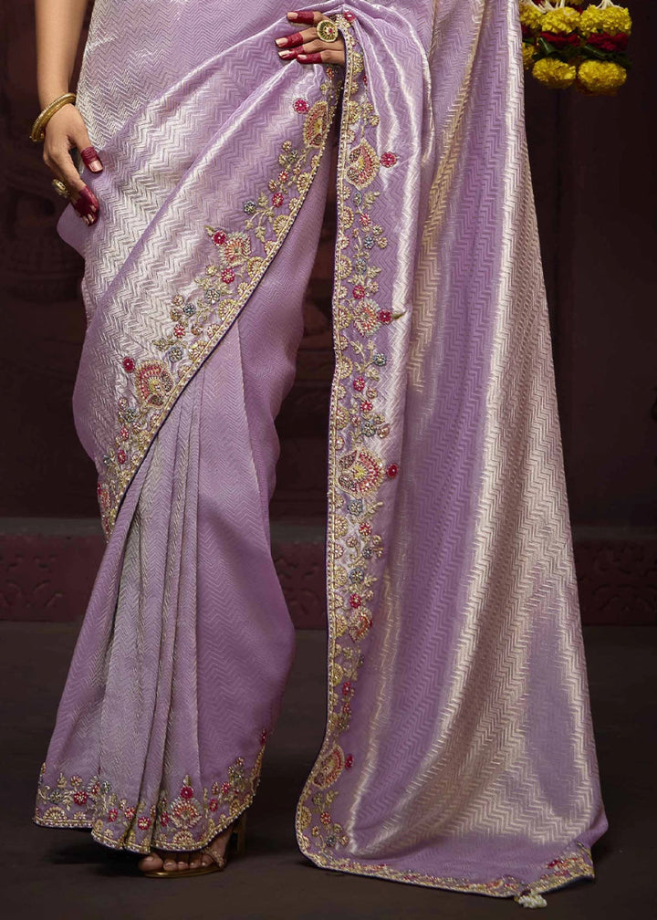 Pale Purple Kanjivaram Silk Saree with Intricate Zari, Khatli, Sequin & Pearl Embroidery - House of Sarvati LLC