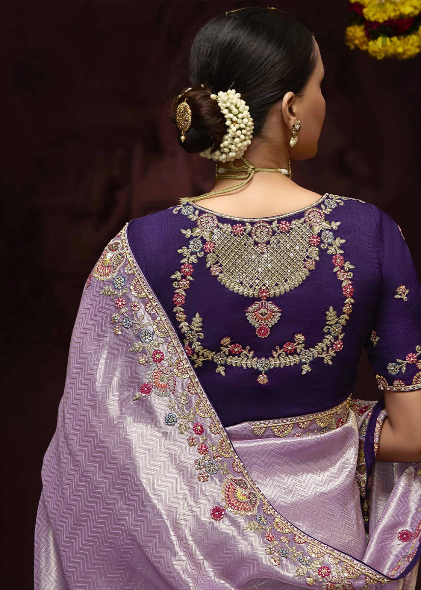 Pale Purple Kanjivaram Silk Saree with Intricate Zari, Khatli, Sequin & Pearl Embroidery - House of Sarvati LLC