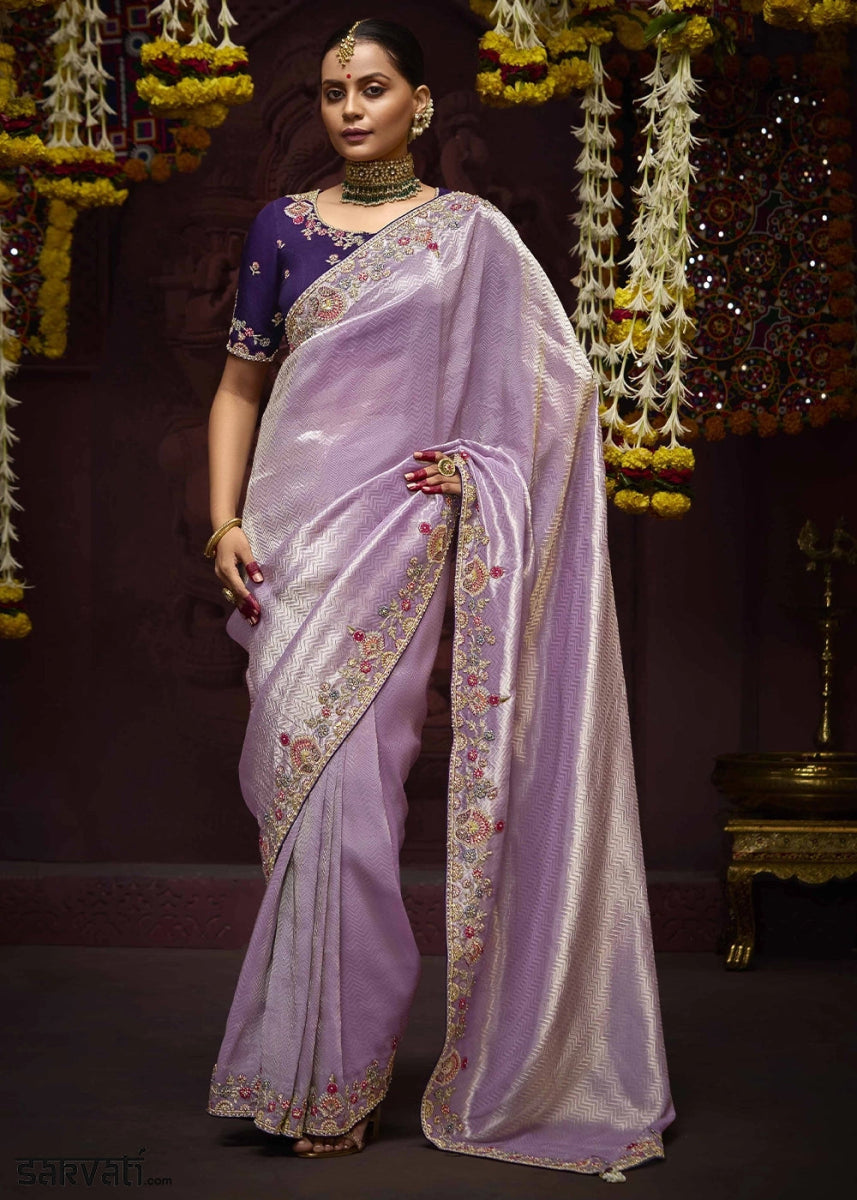 Pale Purple Kanjivaram Silk Saree with Intricate Zari, Khatli, Sequin & Pearl Embroidery - House of Sarvati LLC