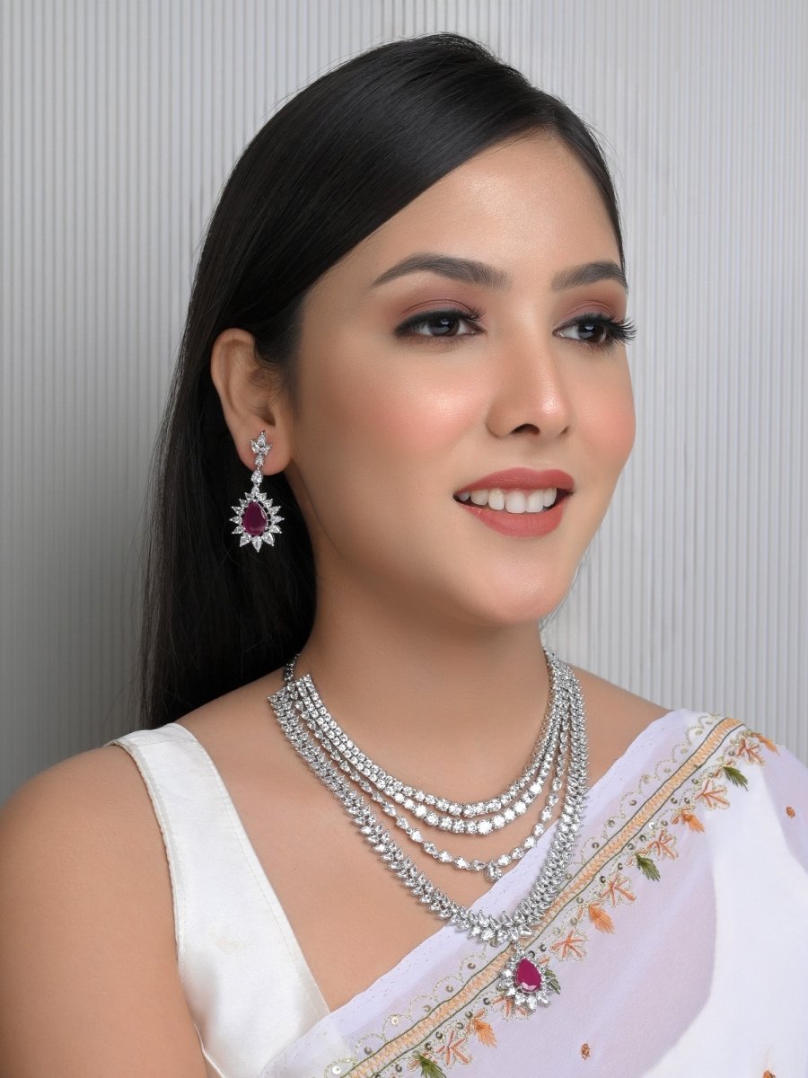 Pallavi Ruby American Diamond Necklace Set - House of Sarvati LLC