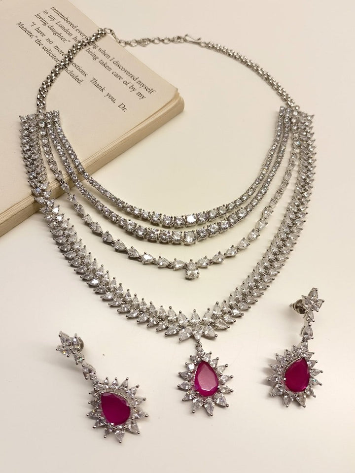 Pallavi Ruby American Diamond Necklace Set - House of Sarvati LLC