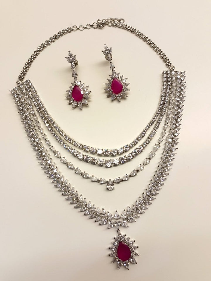 Pallavi Ruby American Diamond Necklace Set - House of Sarvati LLC