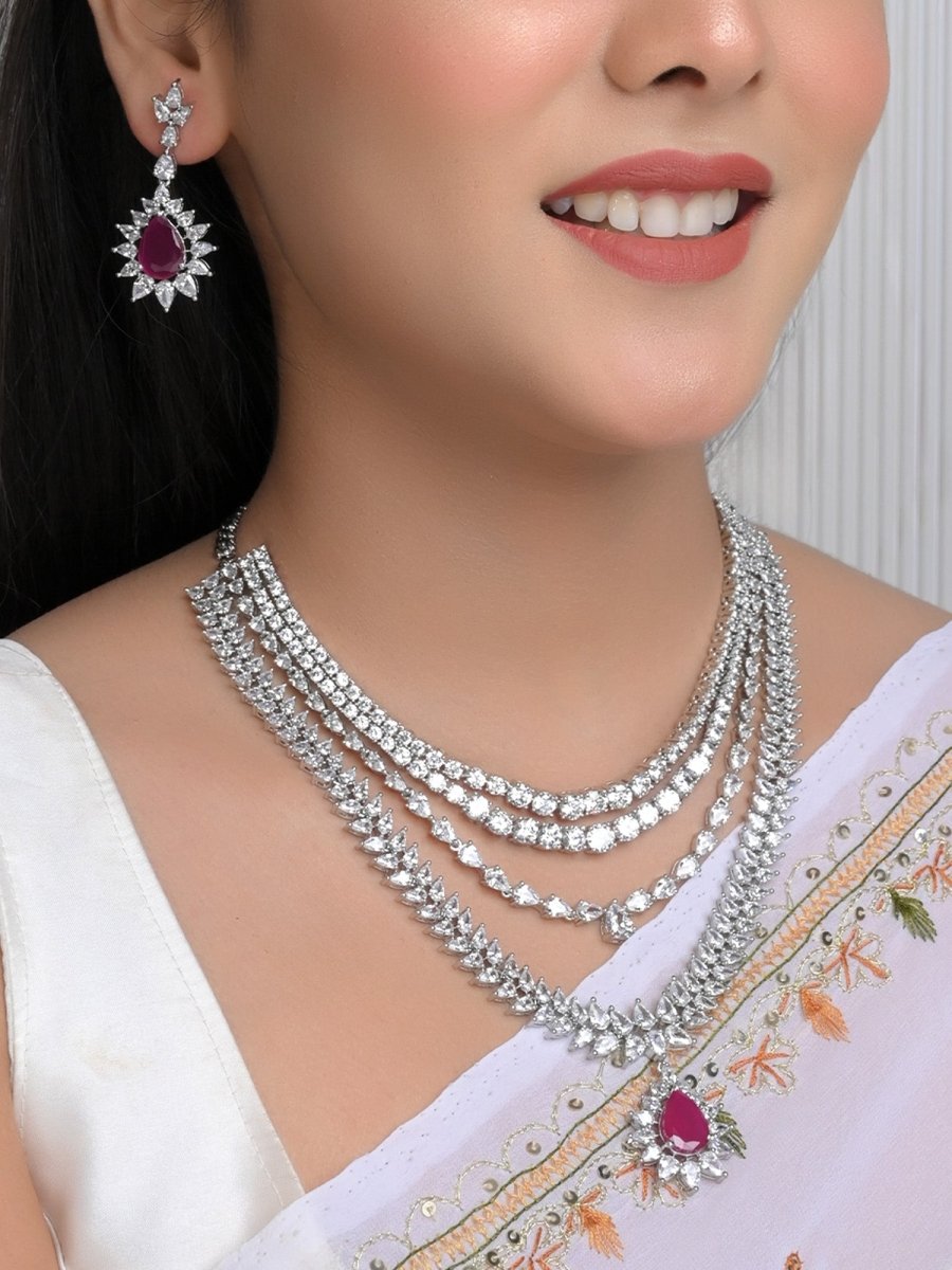 Pallavi Ruby American Diamond Necklace Set - House of Sarvati LLC