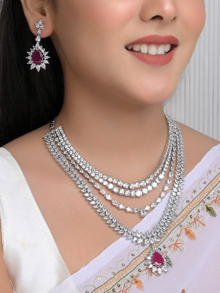 Pallavi Ruby American Diamond Necklace Set - House of Sarvati LLC