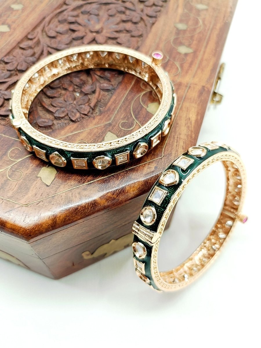 Pankriti Green Kundan Bangle Set Of 2 - House of Sarvati LLC
