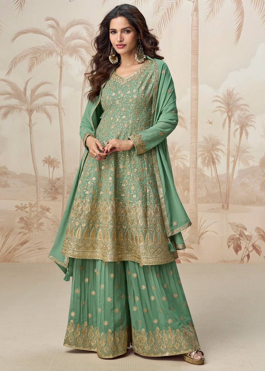 Parakeet Green Purple Georgette Palazzo Suit with Exquisite Embroidery - House of Sarvati LLC