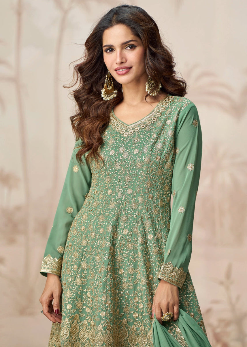Parakeet Green Purple Georgette Palazzo Suit with Exquisite Embroidery - House of Sarvati LLC
