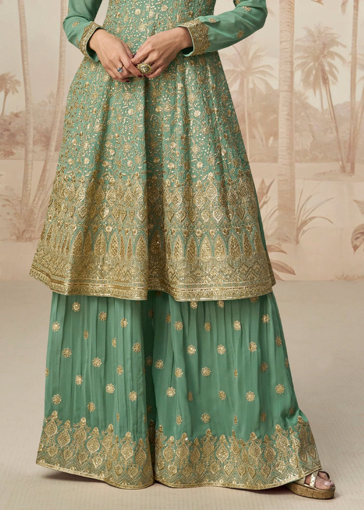 Parakeet Green Purple Georgette Palazzo Suit with Exquisite Embroidery - House of Sarvati LLC