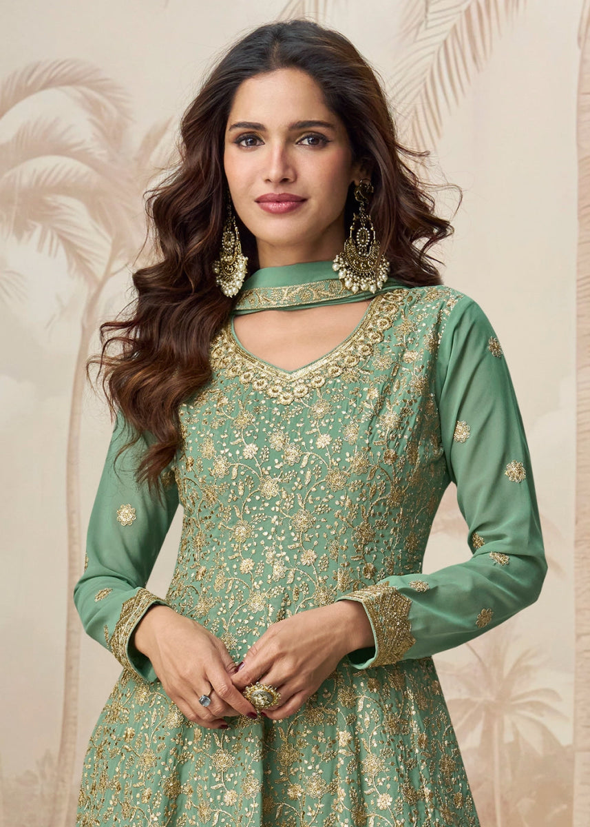 Parakeet Green Purple Georgette Palazzo Suit with Exquisite Embroidery - House of Sarvati LLC