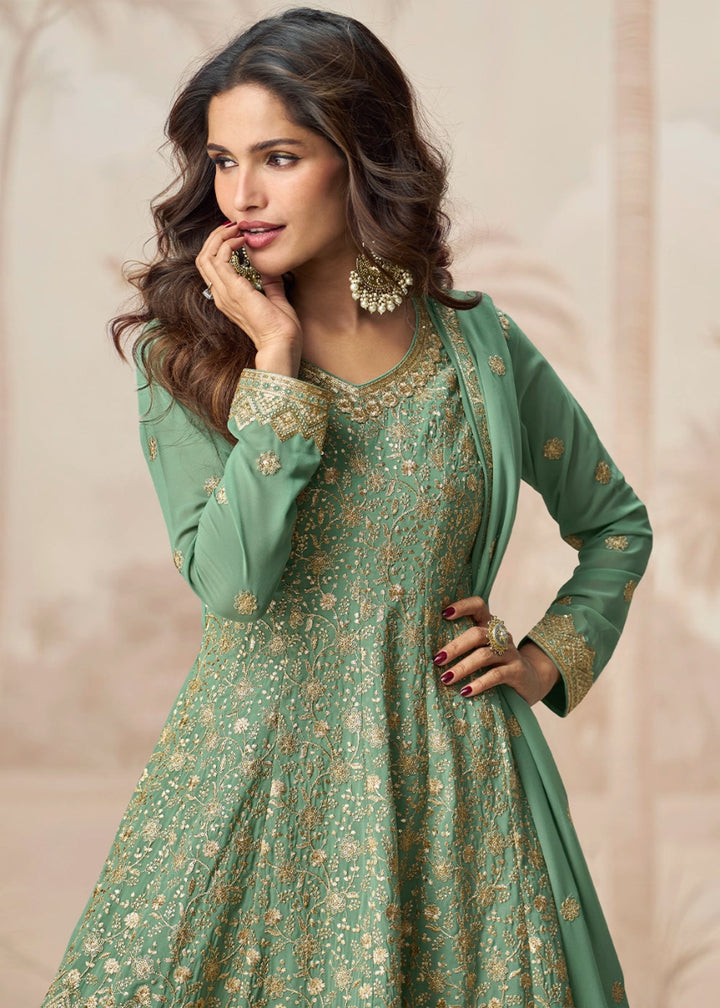 Parakeet Green Purple Georgette Palazzo Suit with Exquisite Embroidery - House of Sarvati LLC