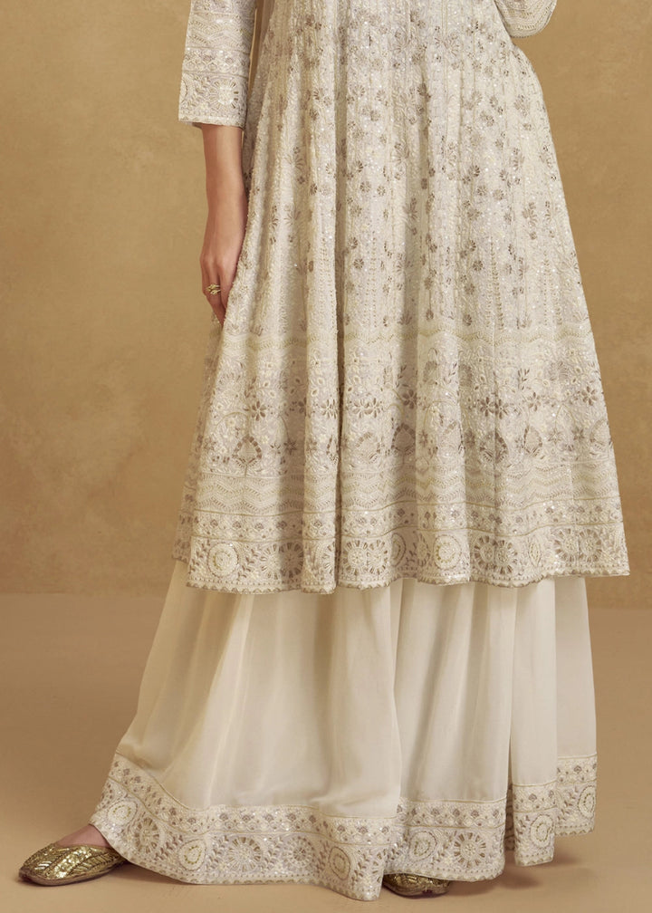 Parchment White Georgette Palazoo Suit with Detailed Thread Embroidery work - House of Sarvati LLC