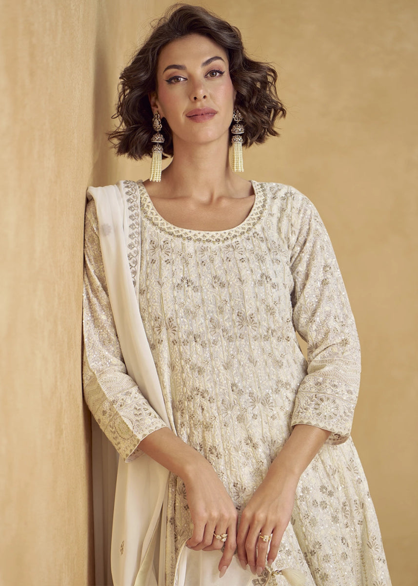 Parchment White Georgette Palazoo Suit with Detailed Thread Embroidery work - House of Sarvati LLC