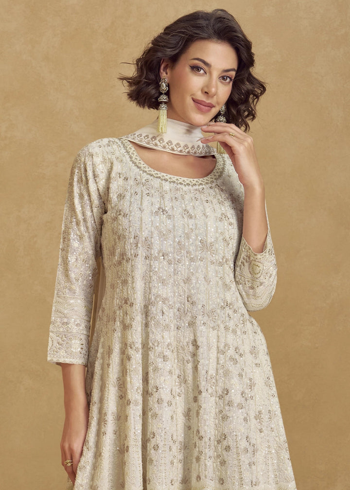 Parchment White Georgette Palazoo Suit with Detailed Thread Embroidery work - House of Sarvati LLC