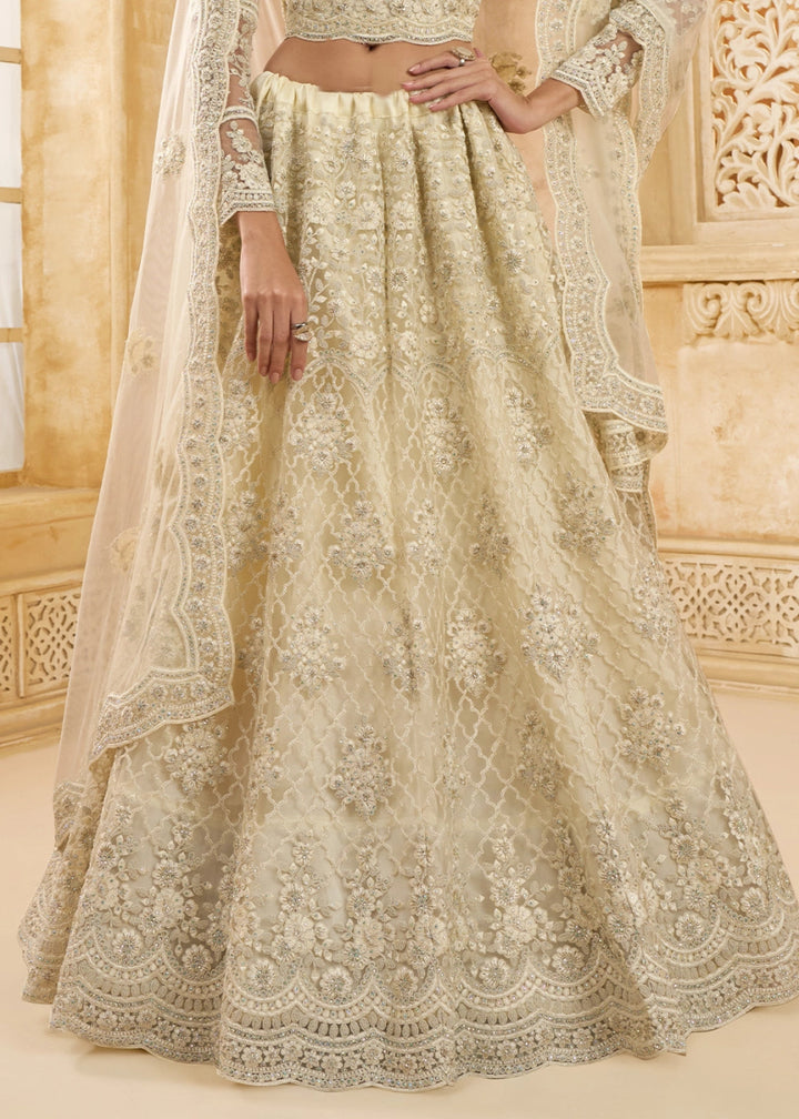 Parchment White Net Lehenga Choli with Handcrafted Cording, Thread, and Stone Work - House of Sarvati LLC