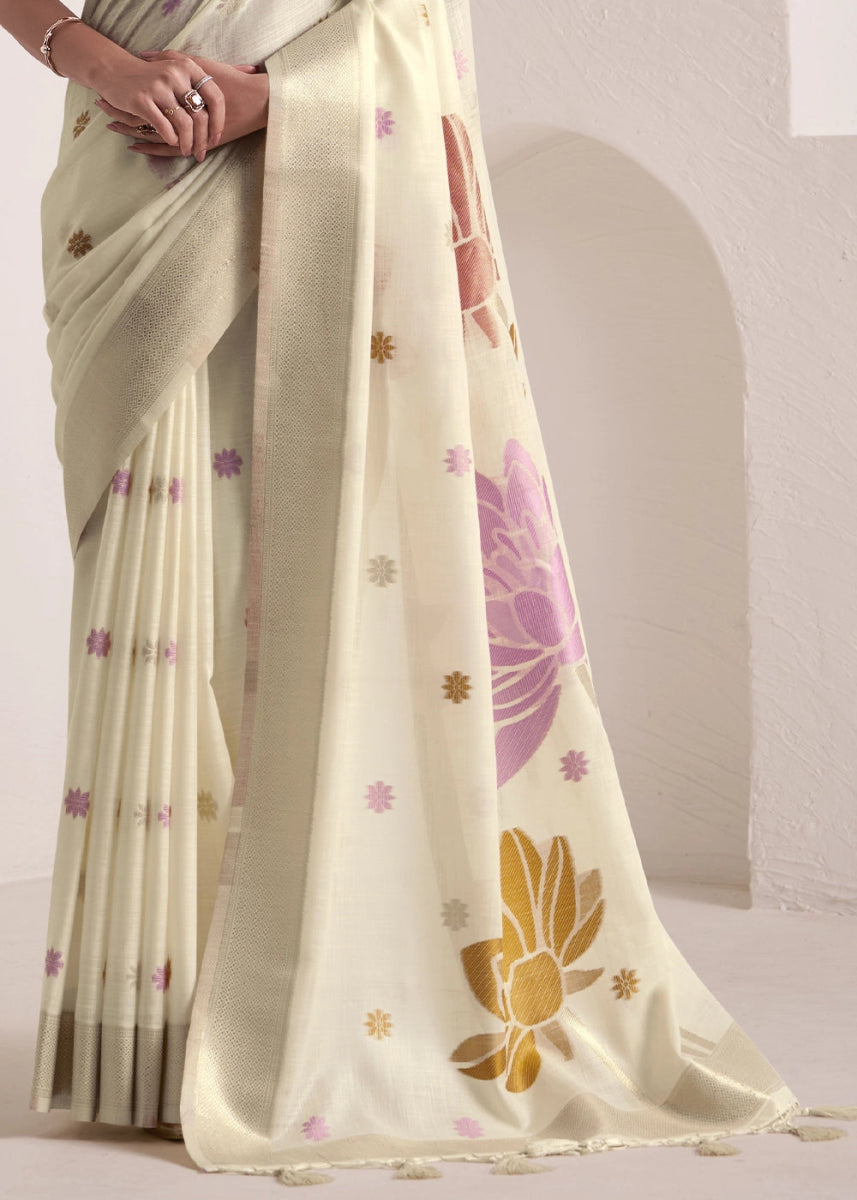Parchment White Saree in Linen Silk with Artistic Floral Jacquard Pallu - House of Sarvati LLC