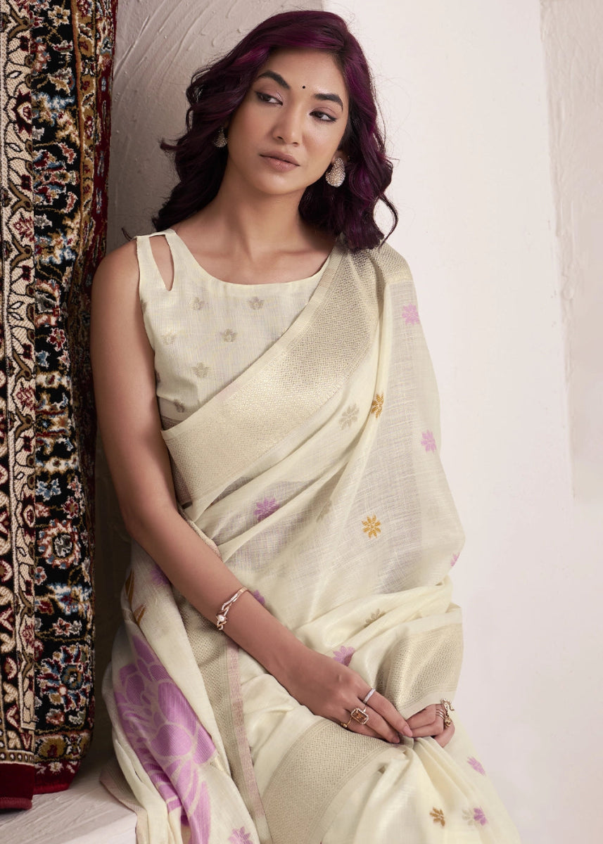 Parchment White Saree in Linen Silk with Artistic Floral Jacquard Pallu - House of Sarvati LLC