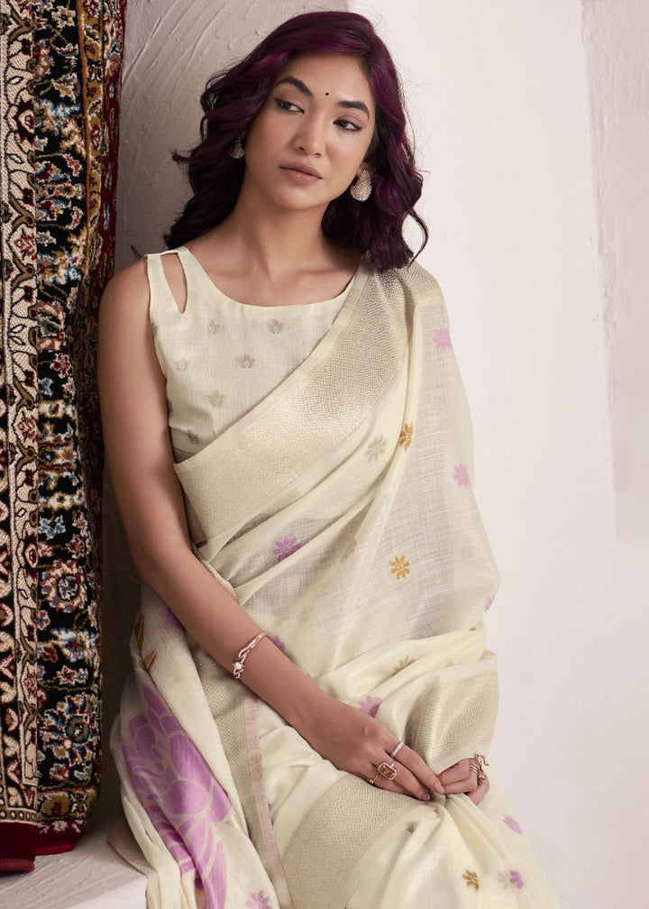 Parchment White Saree in Linen Silk with Artistic Floral Jacquard Pallu - House of Sarvati LLC
