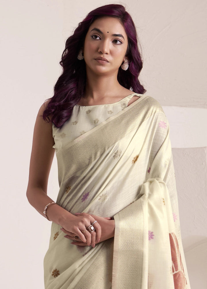 Parchment White Saree in Linen Silk with Artistic Floral Jacquard Pallu - House of Sarvati LLC