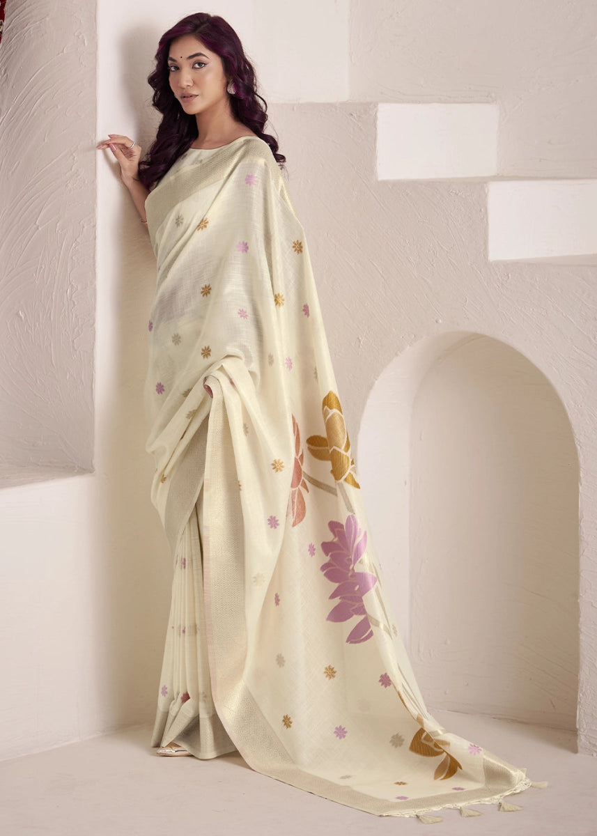 Parchment White Saree in Linen Silk with Artistic Floral Jacquard Pallu - House of Sarvati LLC