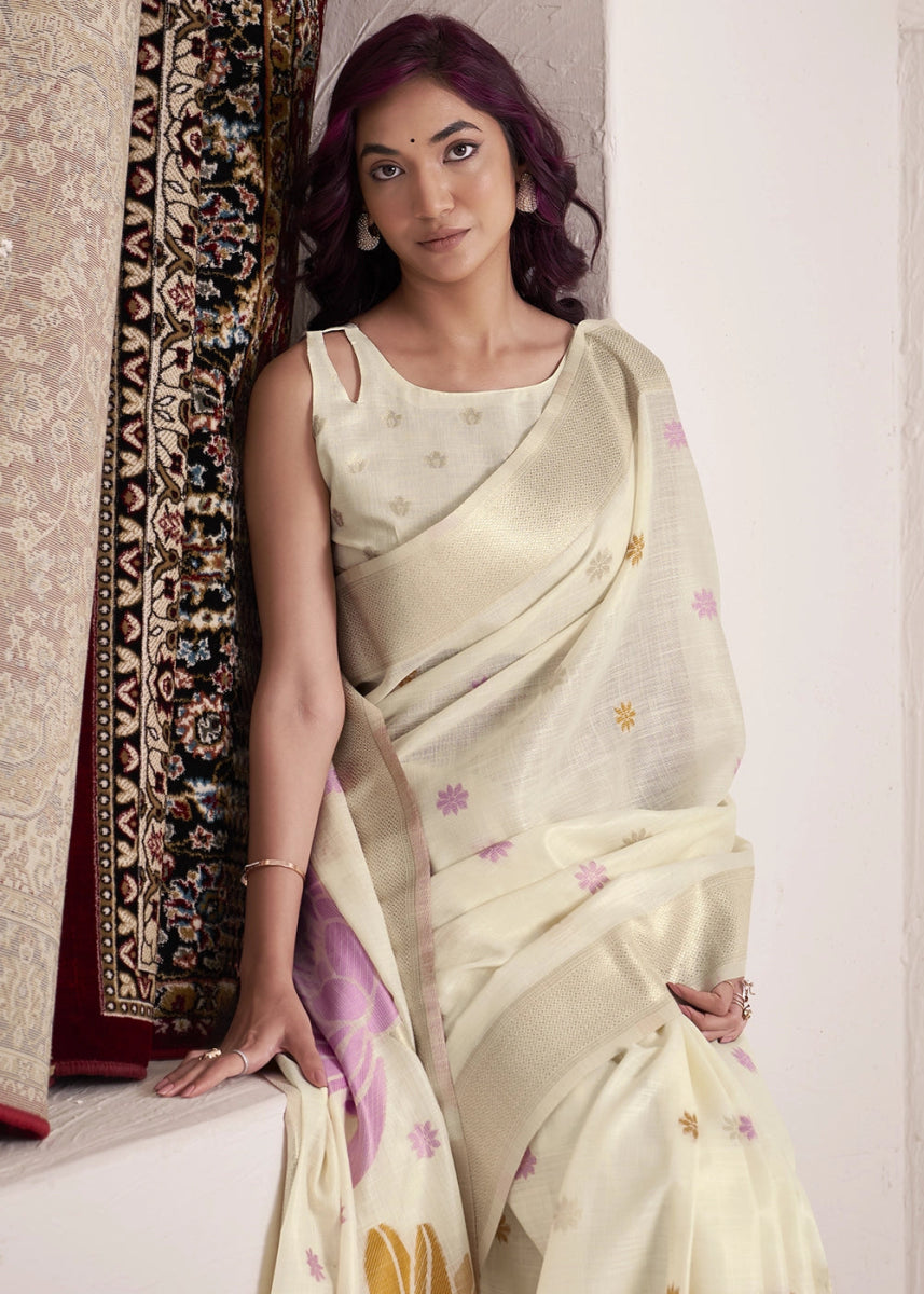 Parchment White Saree in Linen Silk with Artistic Floral Jacquard Pallu - House of Sarvati LLC