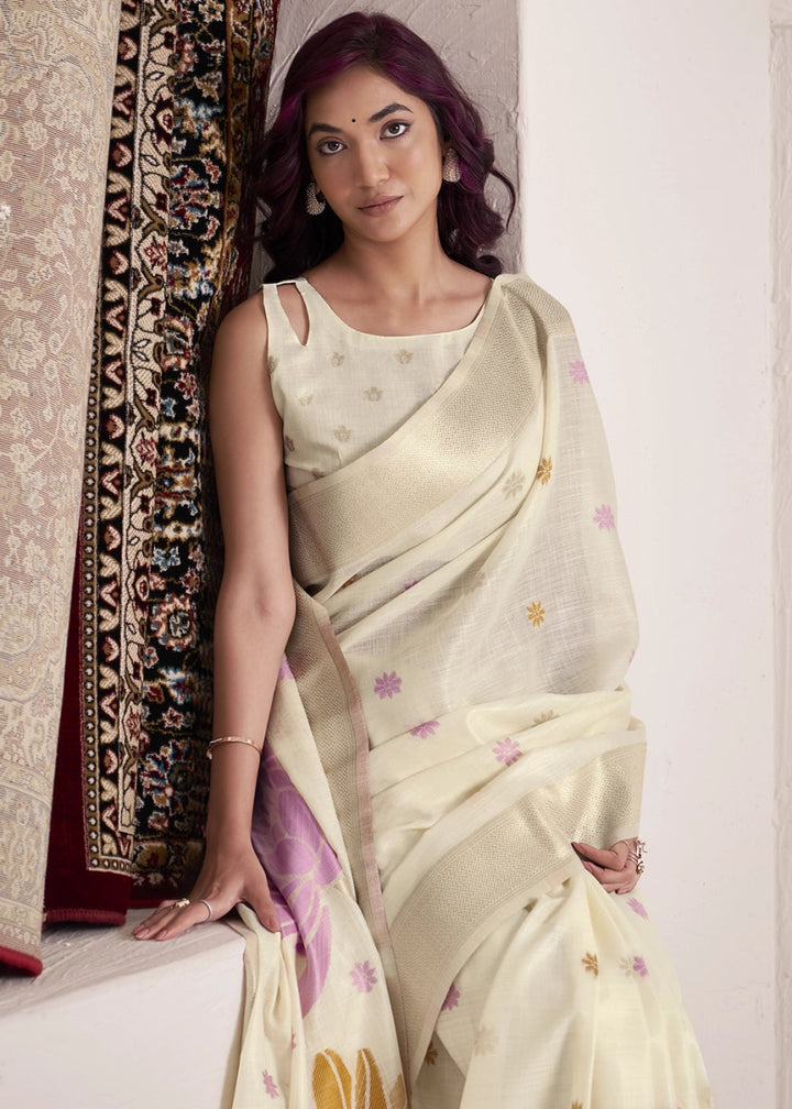 Parchment White Saree in Linen Silk with Artistic Floral Jacquard Pallu - House of Sarvati LLC