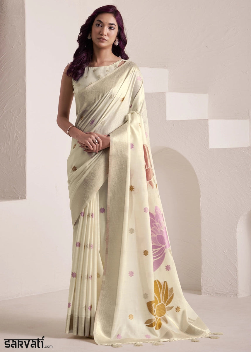Parchment White Saree in Linen Silk with Artistic Floral Jacquard Pallu - House of Sarvati LLC