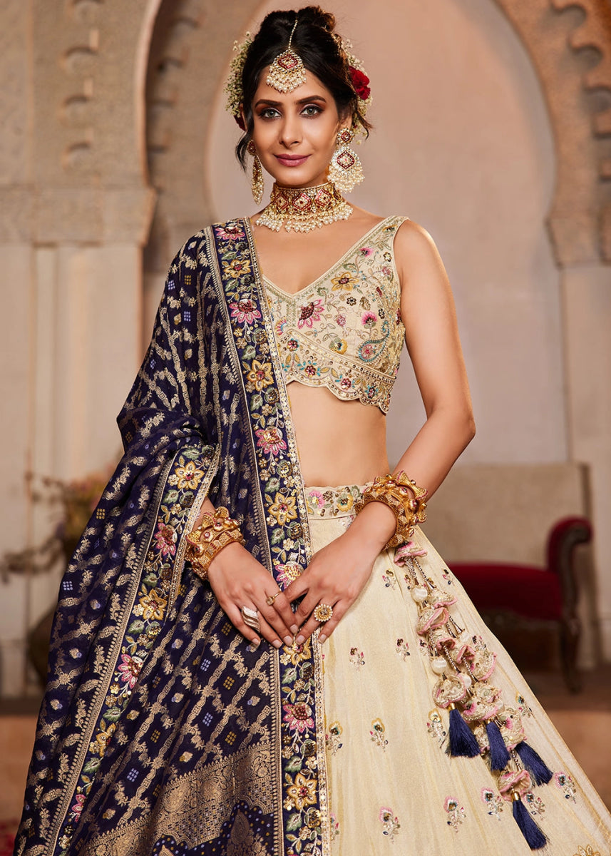 Parchment White Tissue Lehenga with Ornate Beads & Stone Handwork - House of Sarvati LLC