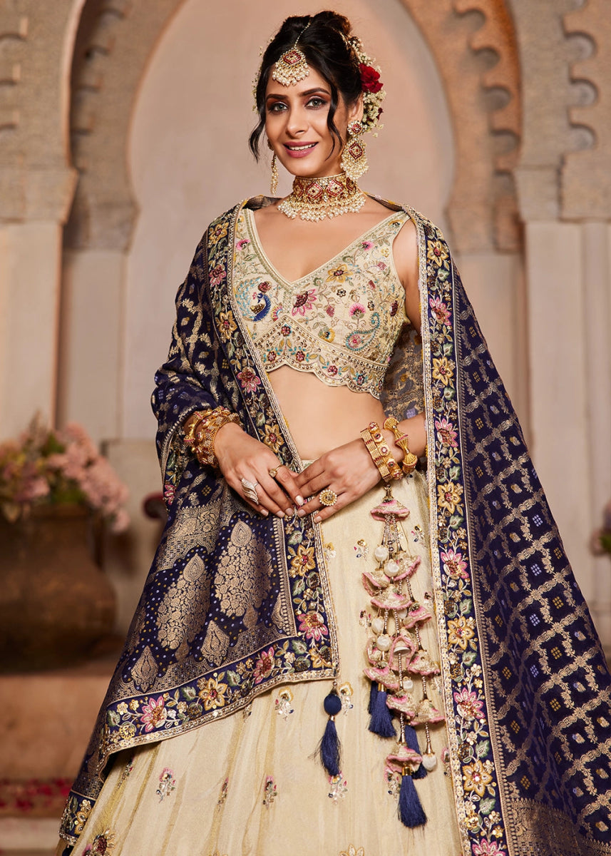 Parchment White Tissue Lehenga with Ornate Beads & Stone Handwork - House of Sarvati LLC