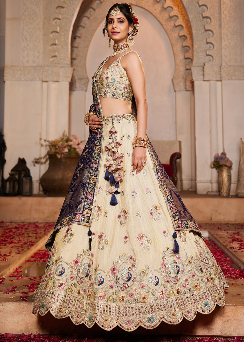 Parchment White Tissue Lehenga with Ornate Beads & Stone Handwork - House of Sarvati LLC
