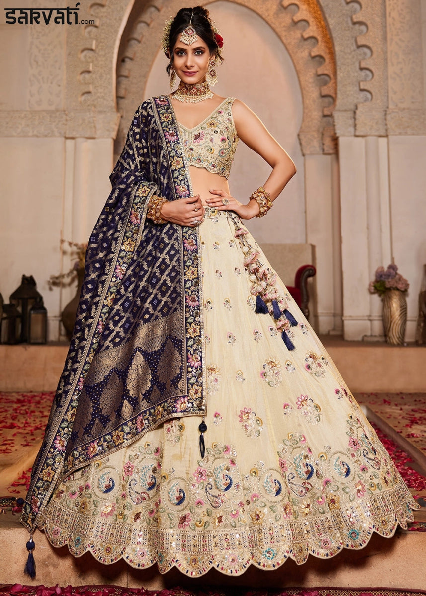 Parchment White Tissue Lehenga with Ornate Beads & Stone Handwork - House of Sarvati LLC