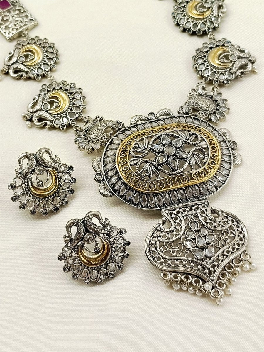 Parineeti White Oxidized Necklace Set - House of Sarvati LLC