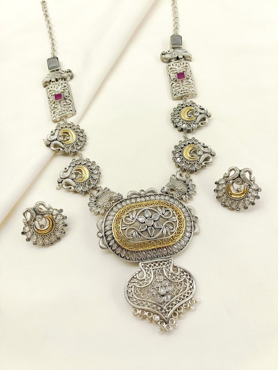 Parineeti White Oxidized Necklace Set - House of Sarvati LLC
