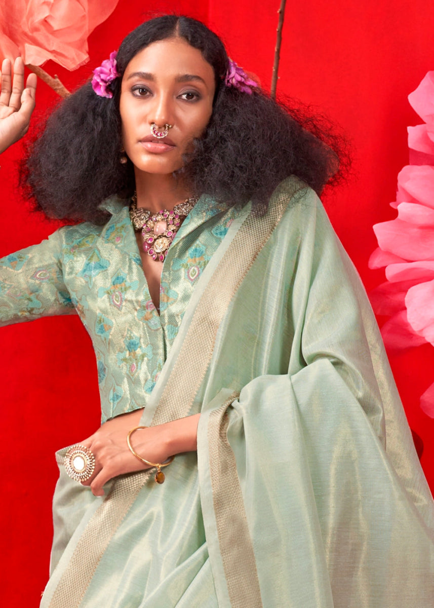 Pastel Cyan Blue Tissue Silk Saree with Rich Zari Weave - House of Sarvati LLC