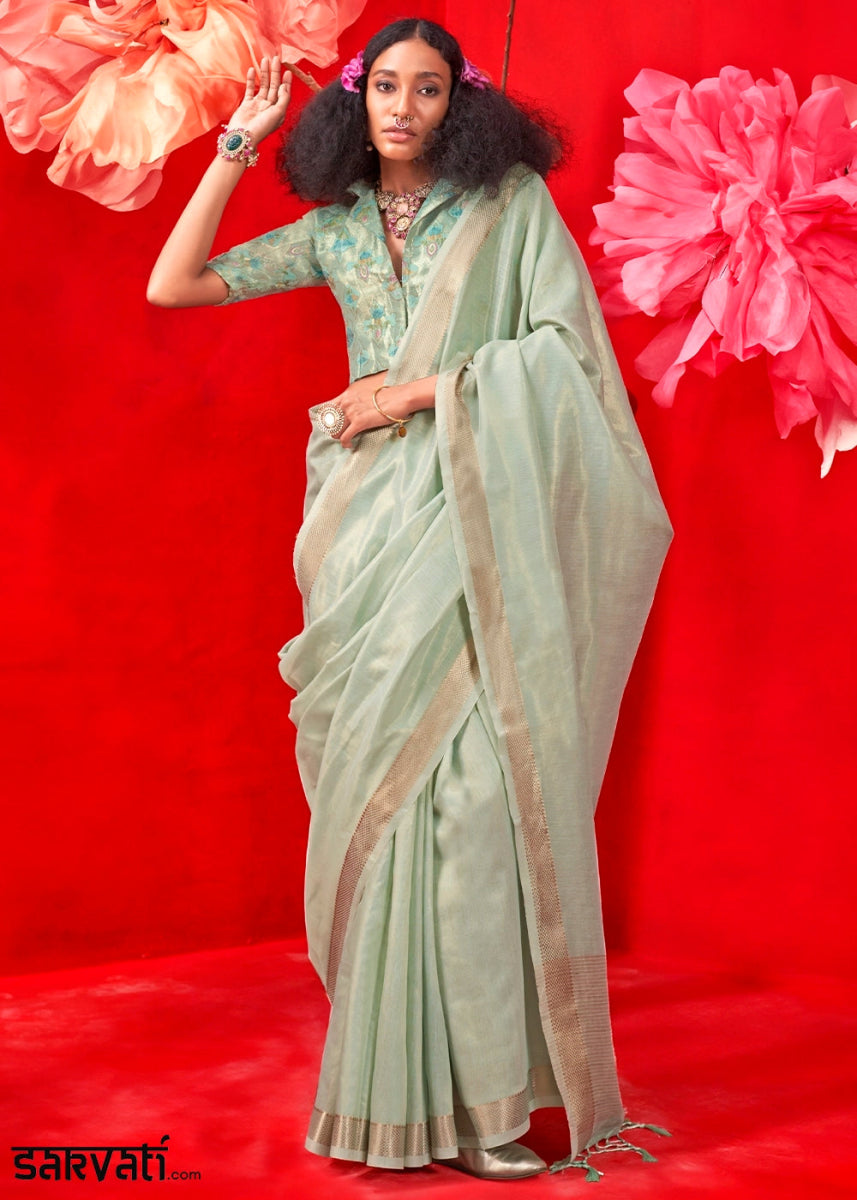 Pastel Cyan Blue Tissue Silk Saree with Rich Zari Weave - House of Sarvati LLC
