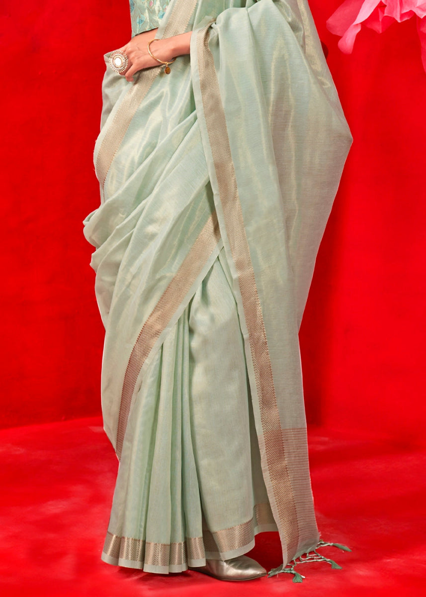 Pastel Cyan Blue Tissue Silk Saree with Rich Zari Weave - House of Sarvati LLC