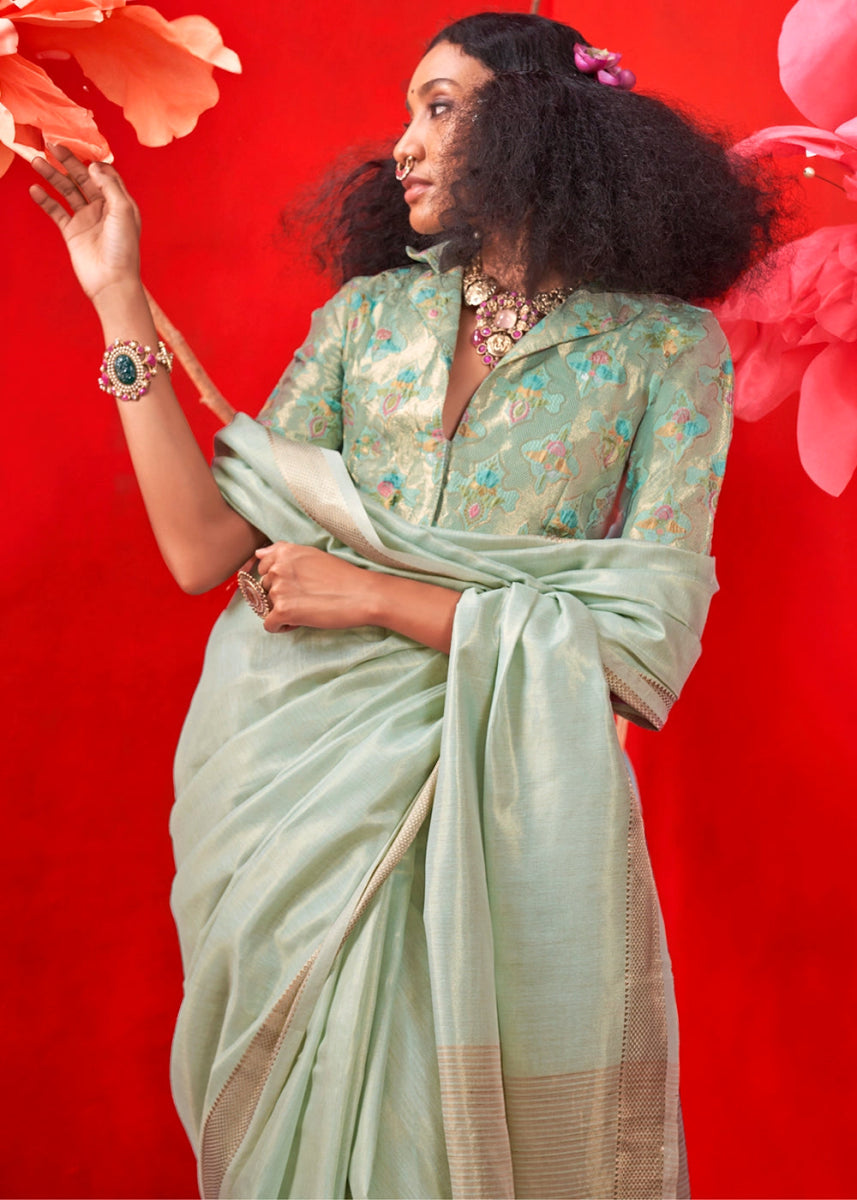 Pastel Cyan Blue Tissue Silk Saree with Rich Zari Weave - House of Sarvati LLC