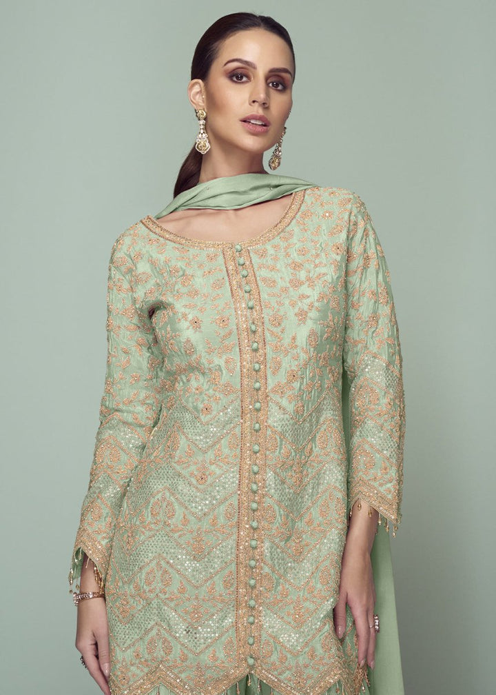Pastel Green Chinon Silk Embroidered Top with Matching Trousers - House of Sarvati LLC