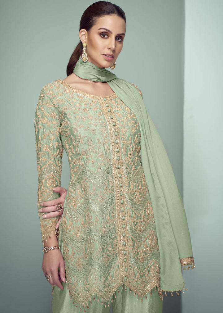 Pastel Green Chinon Silk Embroidered Top with Matching Trousers - House of Sarvati LLC